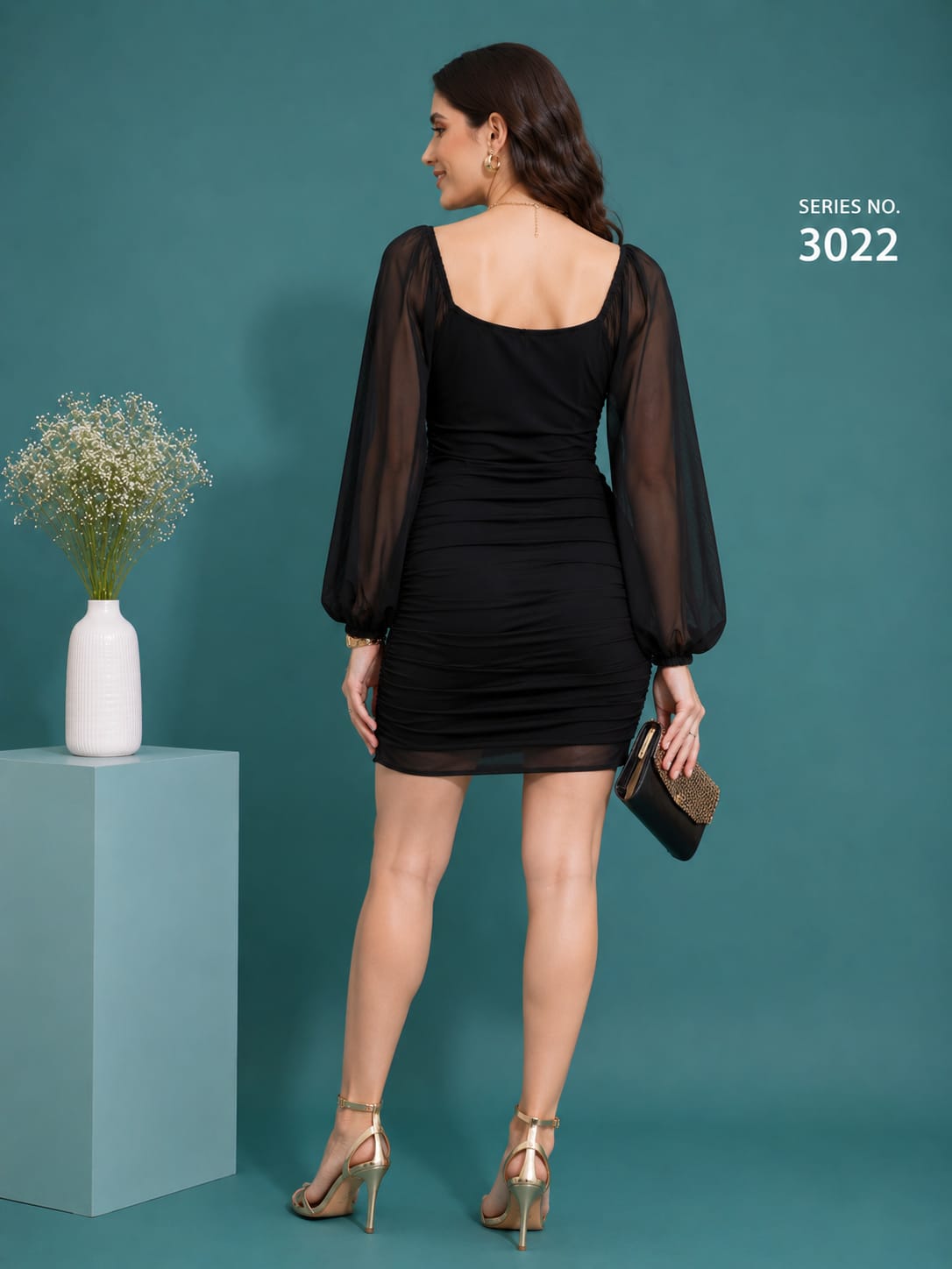 Product Title: Black Sheer Sleeve Ruched Bodycon Mini Dress - Series 3022