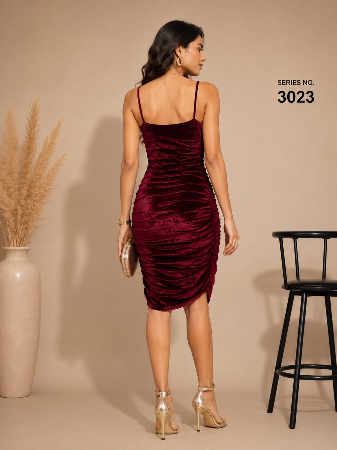 Product Title: Burgundy Velvet Ruched Spaghetti Strap Midi Dress - Series 3023