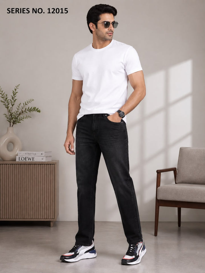 Men's mid black relaxed fit jeans with mid-rise waist for smart casual style and refined comfort. Premium denim with wide-leg silhouette ensures versatile formal pairing and easy movement. Durable clean wash offers lasting wear.
