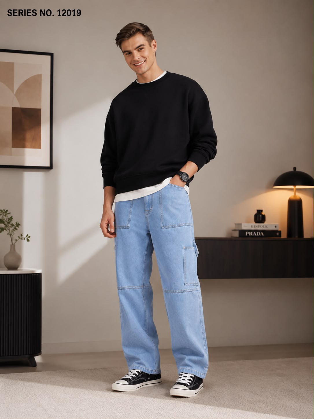 YJ FASHION Men's Relaxed Fit Mid Rise Light Blue Cargo Jeans