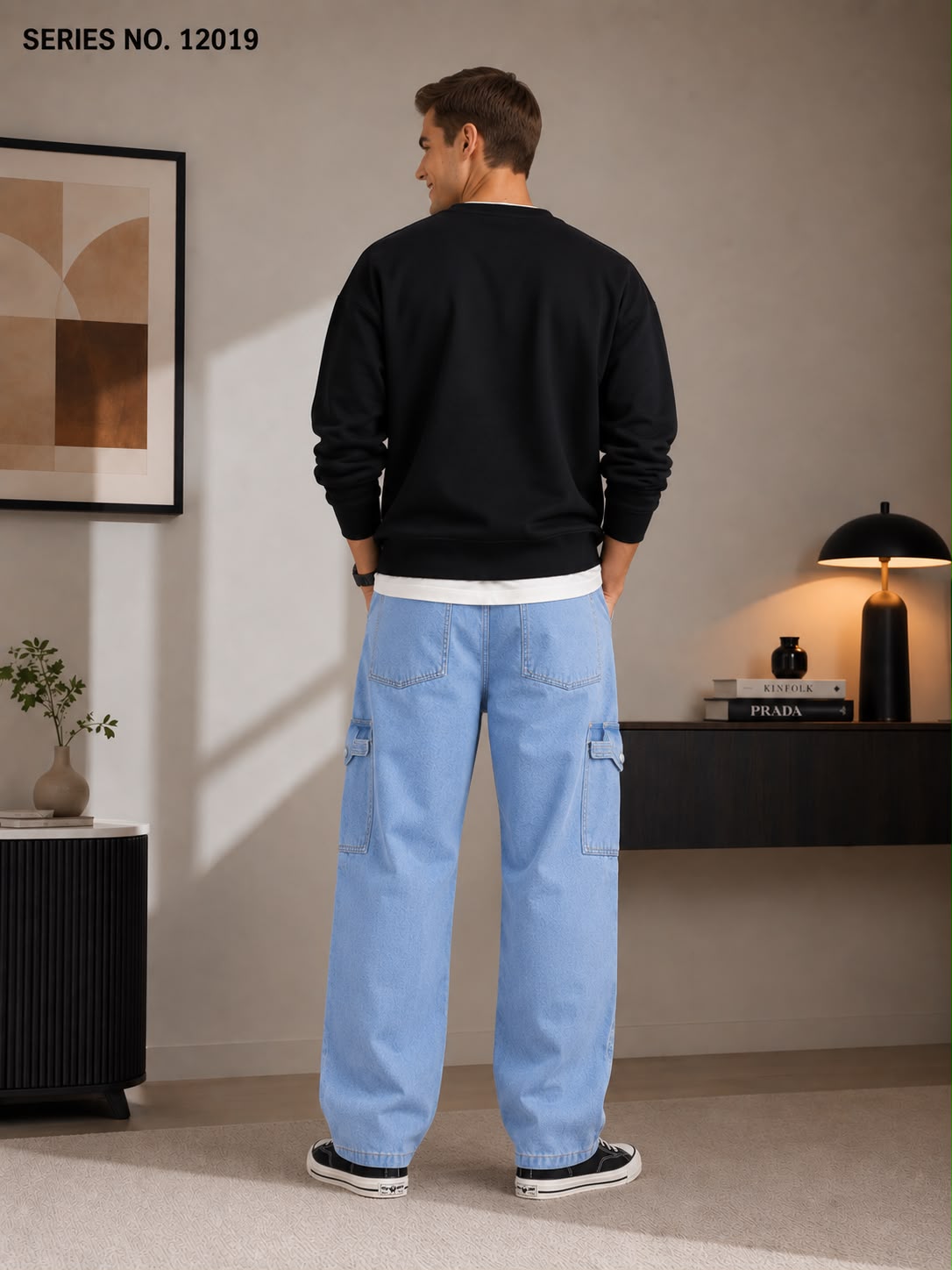 YJ FASHION Men's Relaxed Fit Mid Rise Light Blue Cargo Jeans