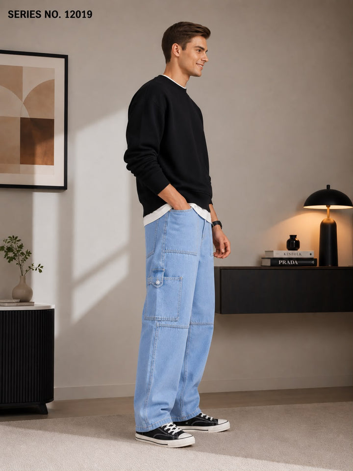 YJ FASHION Men's Relaxed Fit Mid Rise Light Blue Cargo Jeans