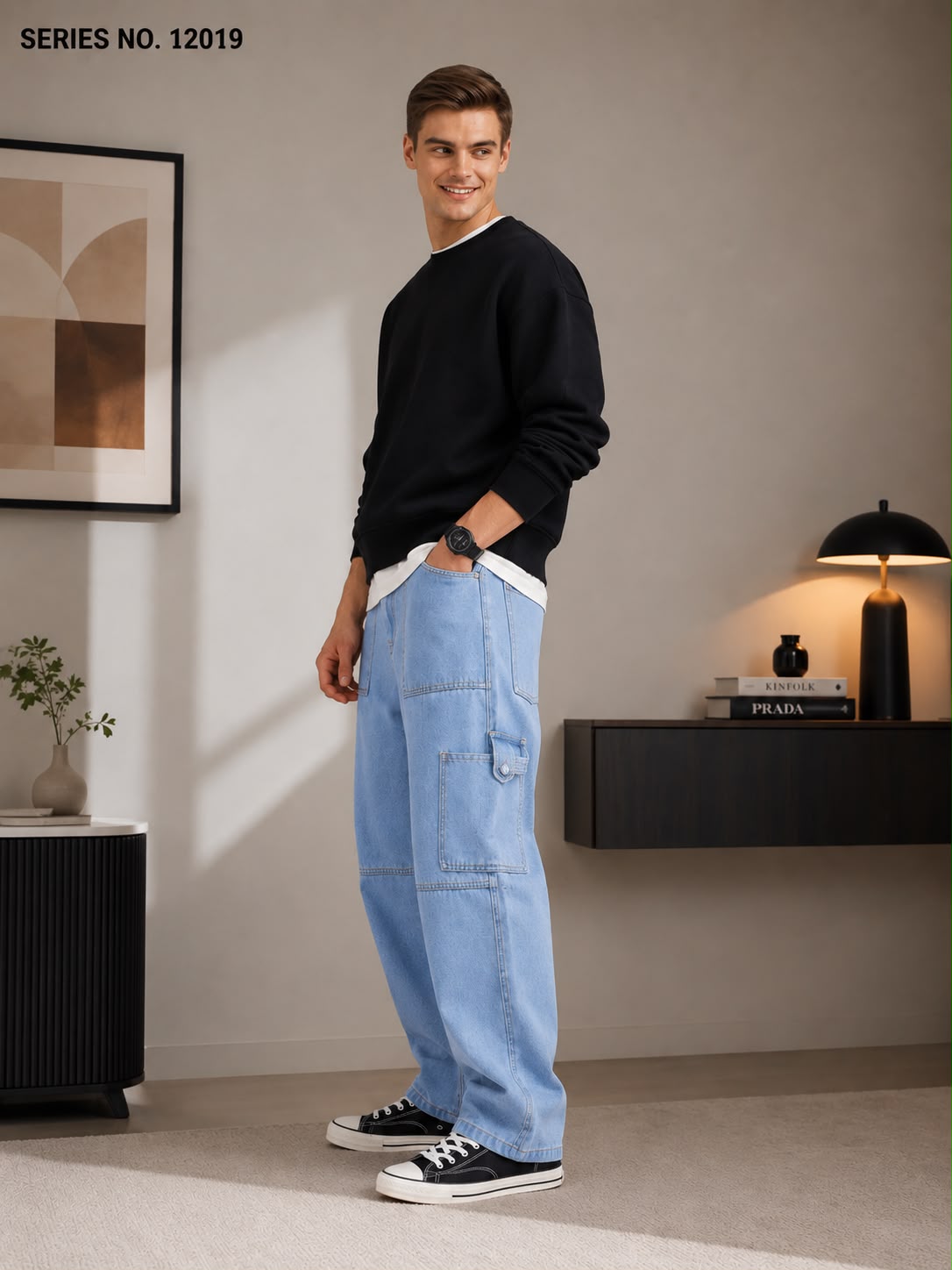 YJ FASHION Men's Relaxed Fit Mid Rise Light Blue Cargo Jeans