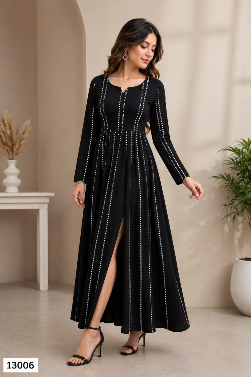 Women's Black Striped Front Slit Maxi Dress with Full Sleeves