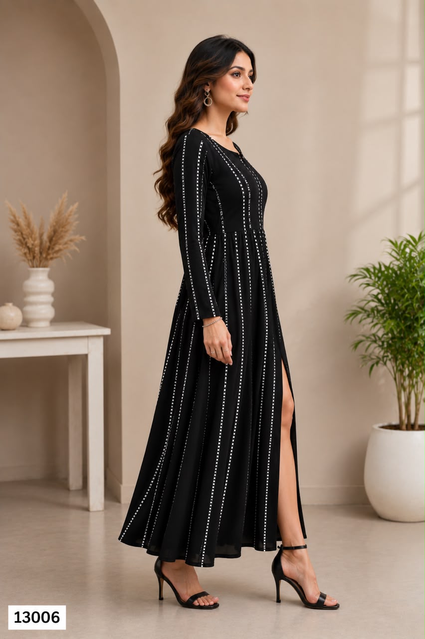 Women's Black Striped Front Slit Maxi Dress with Full Sleeves