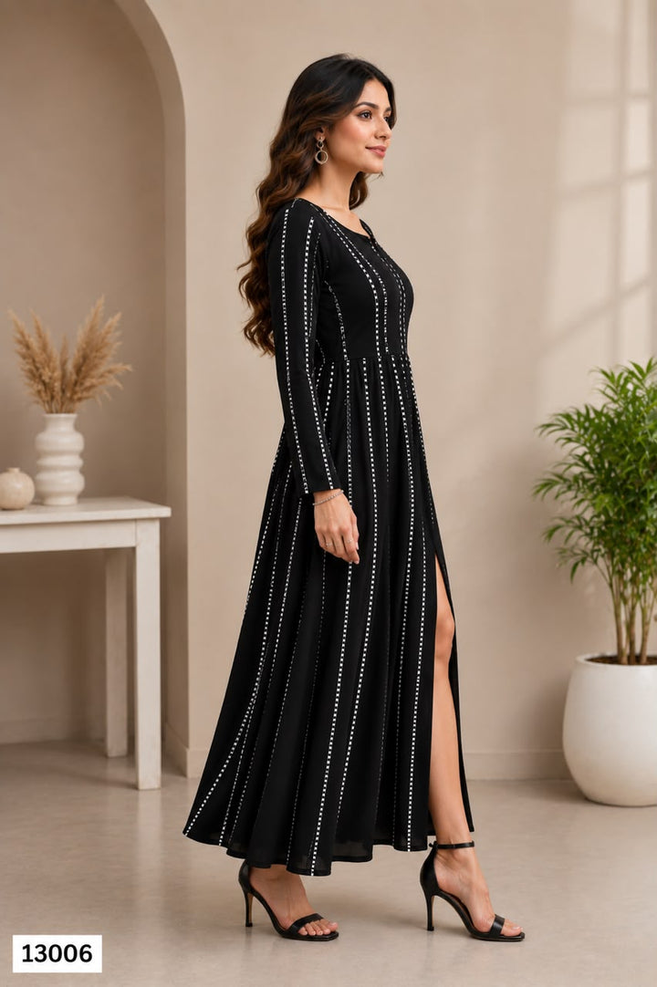 Women's Black Striped Front Slit Maxi Dress with Full Sleeves