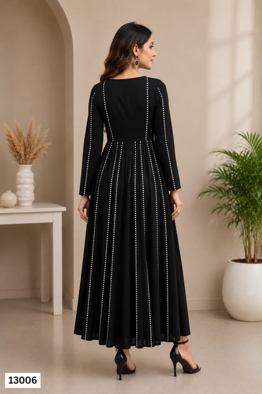 Women's Black Striped Front Slit Maxi Dress with Full Sleeves