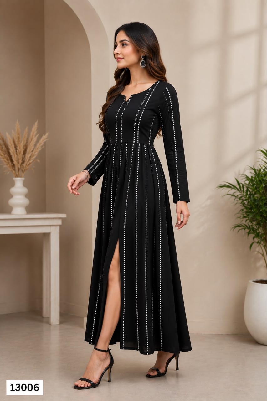Women's Black Striped Front Slit Maxi Dress with Full Sleeves