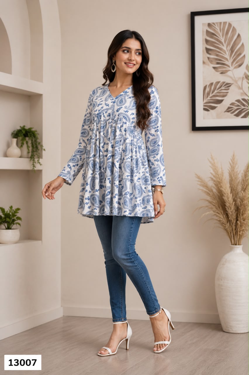 Women's White & Blue Paisley Print Peplum Tunic Top with Full Sleeves