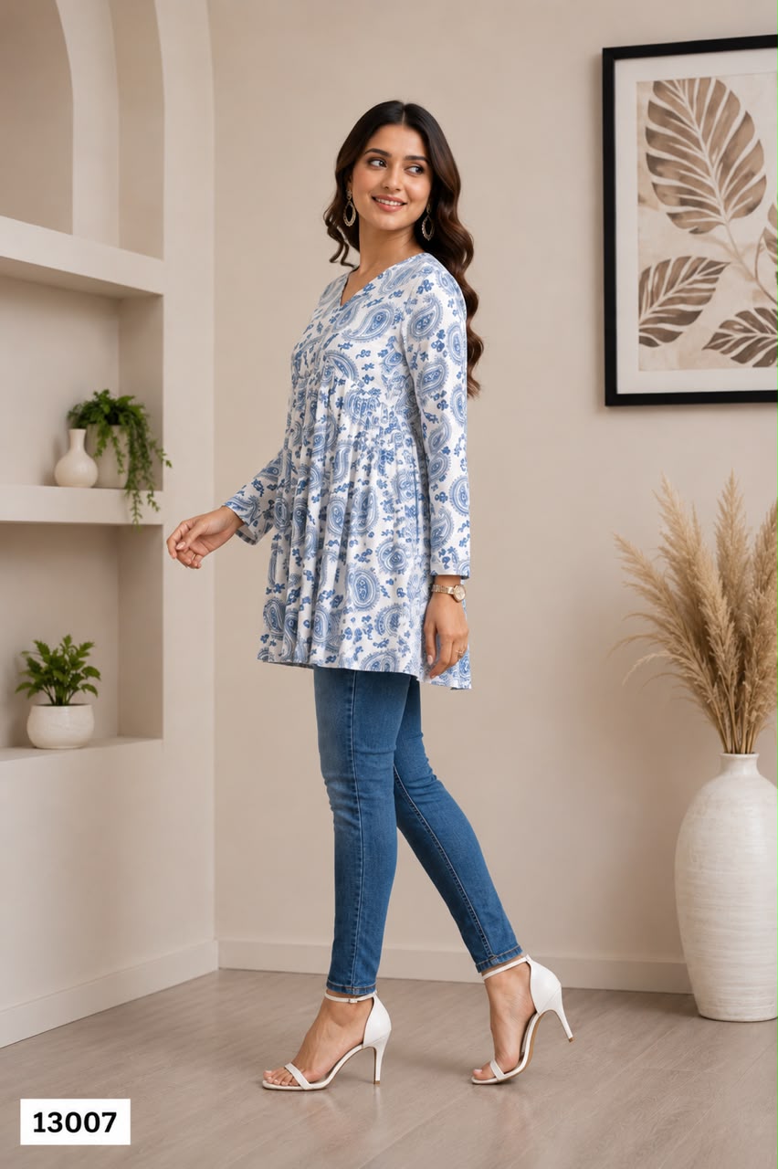 Women's White & Blue Paisley Print Peplum Tunic Top with Full Sleeves