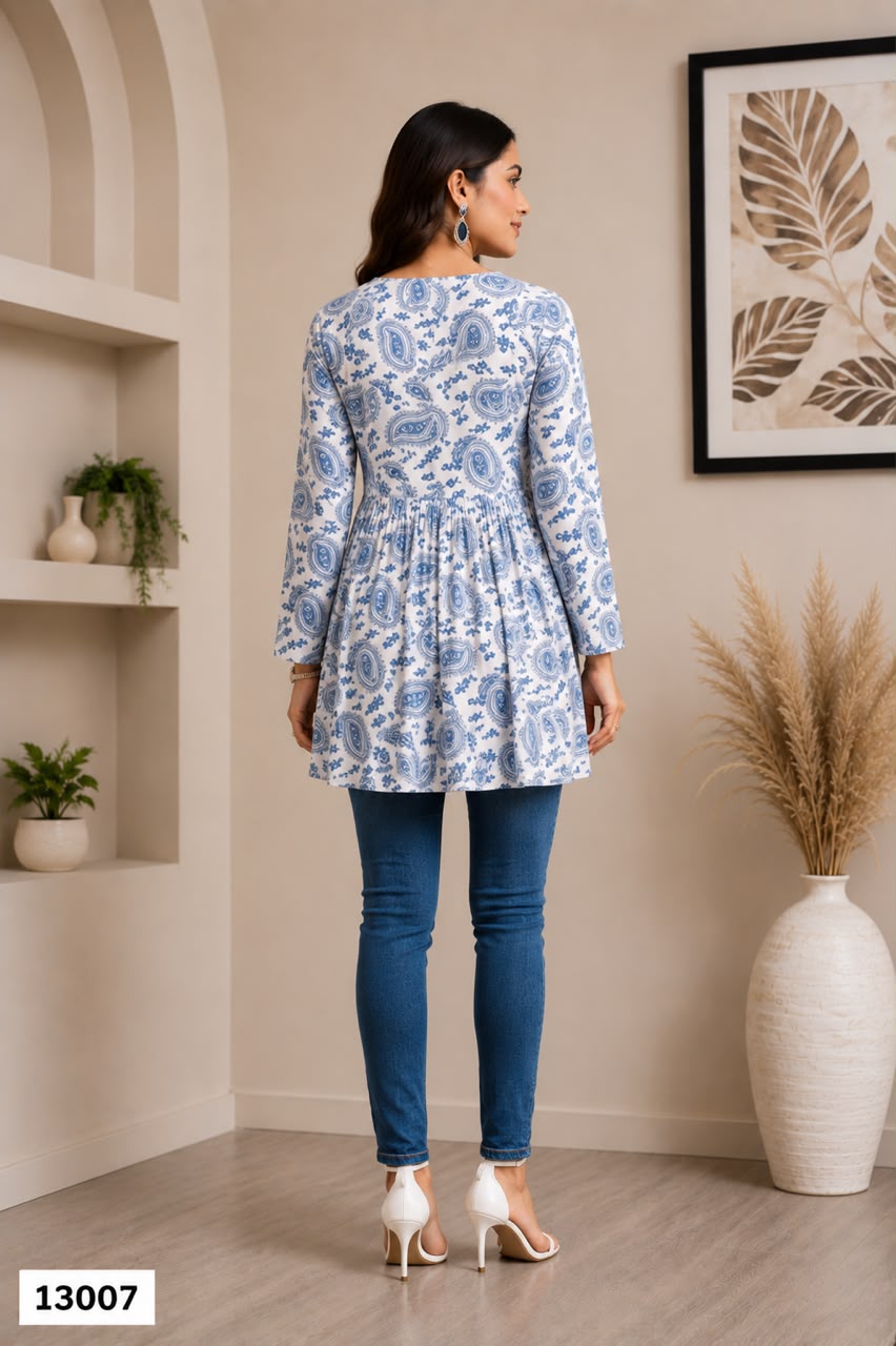 Women's White & Blue Paisley Print Peplum Tunic Top with Full Sleeves