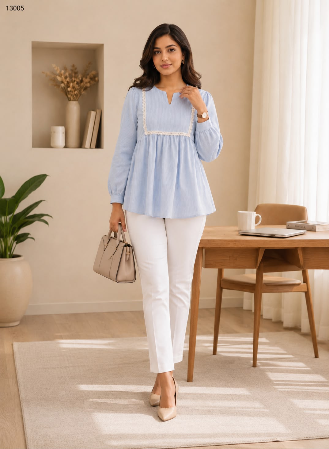 Women's Powder Blue Lace Detail Peplum Top with White Pants