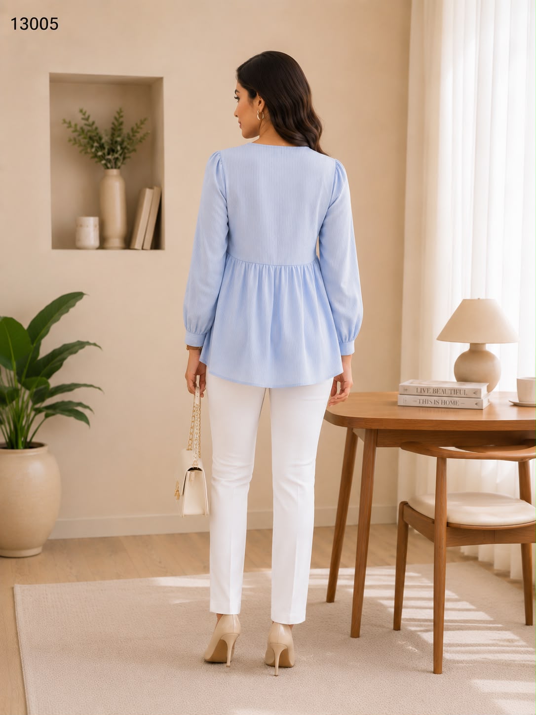 Women's Powder Blue Lace Detail Peplum Top with White Pants