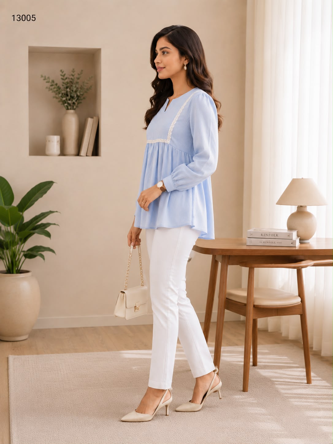 Women's Powder Blue Lace Detail Peplum Top with White Pants