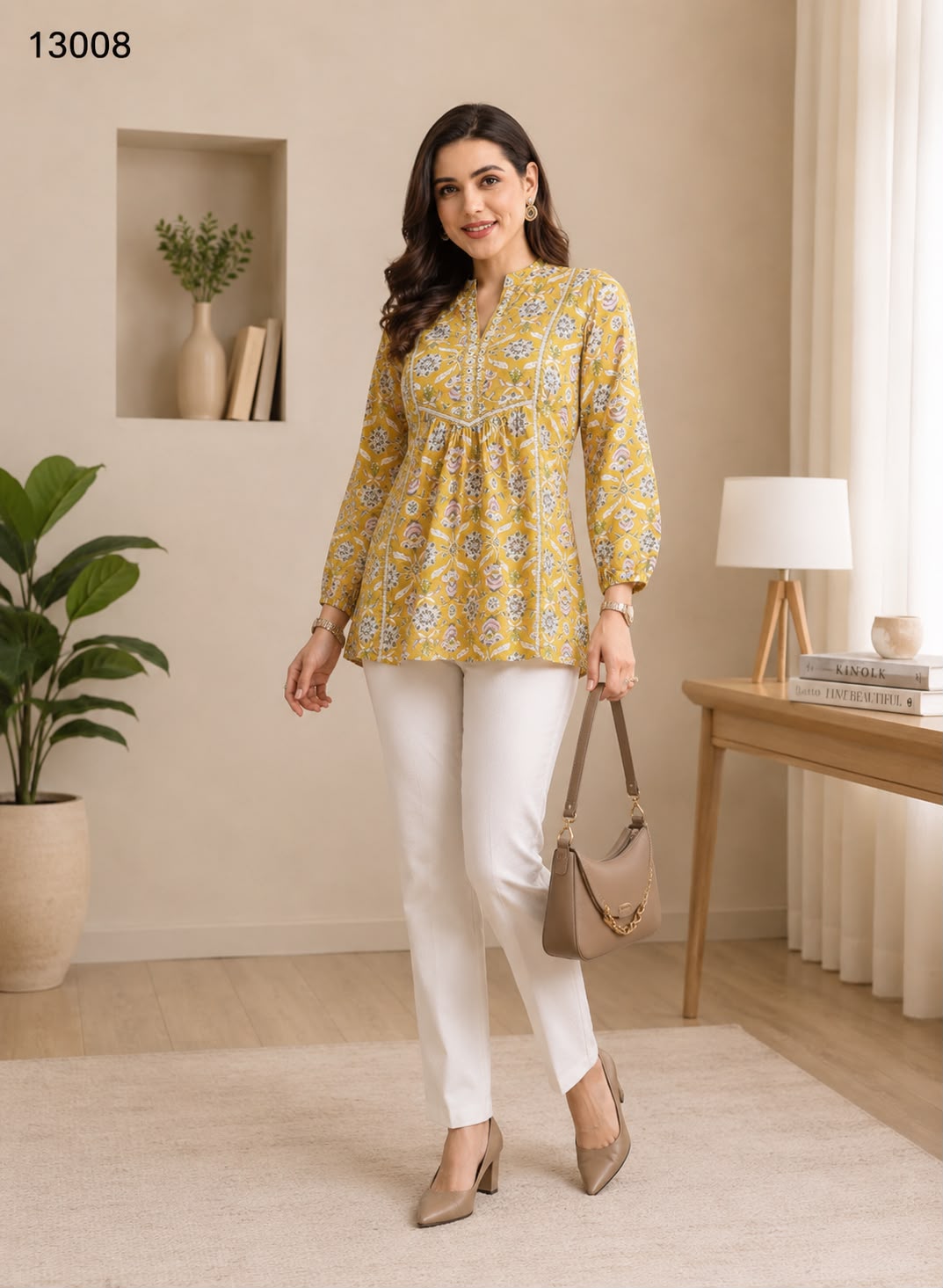 Women's Mustard Yellow Floral Printed Cotton Peplum Tunic Top