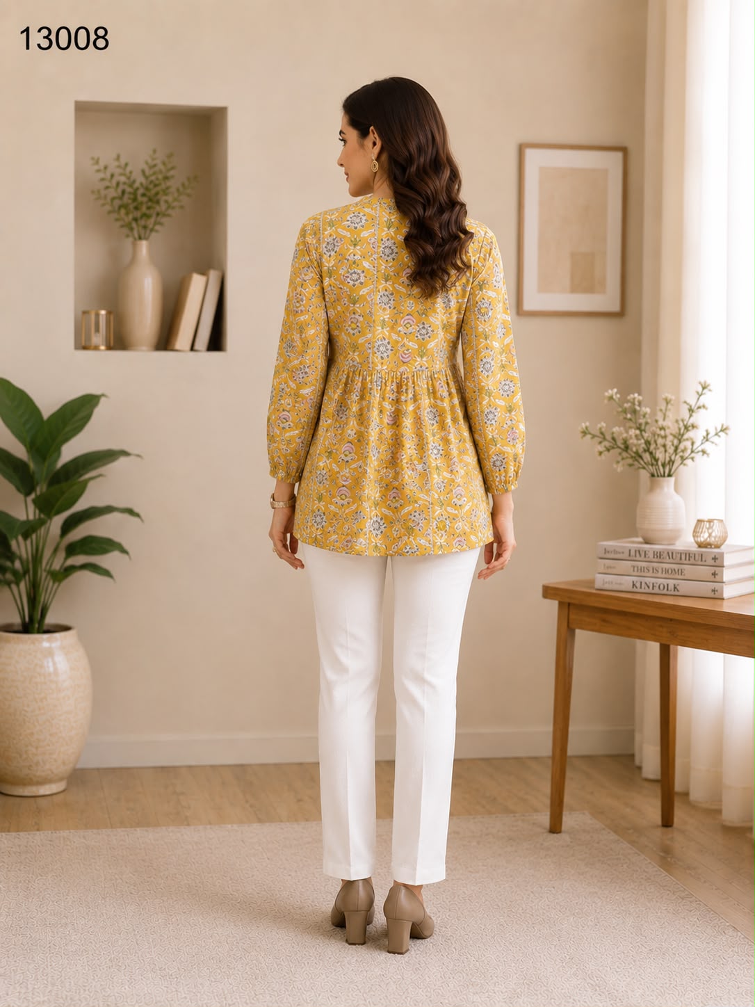Women's Mustard Yellow Floral Printed Cotton Peplum Tunic Top