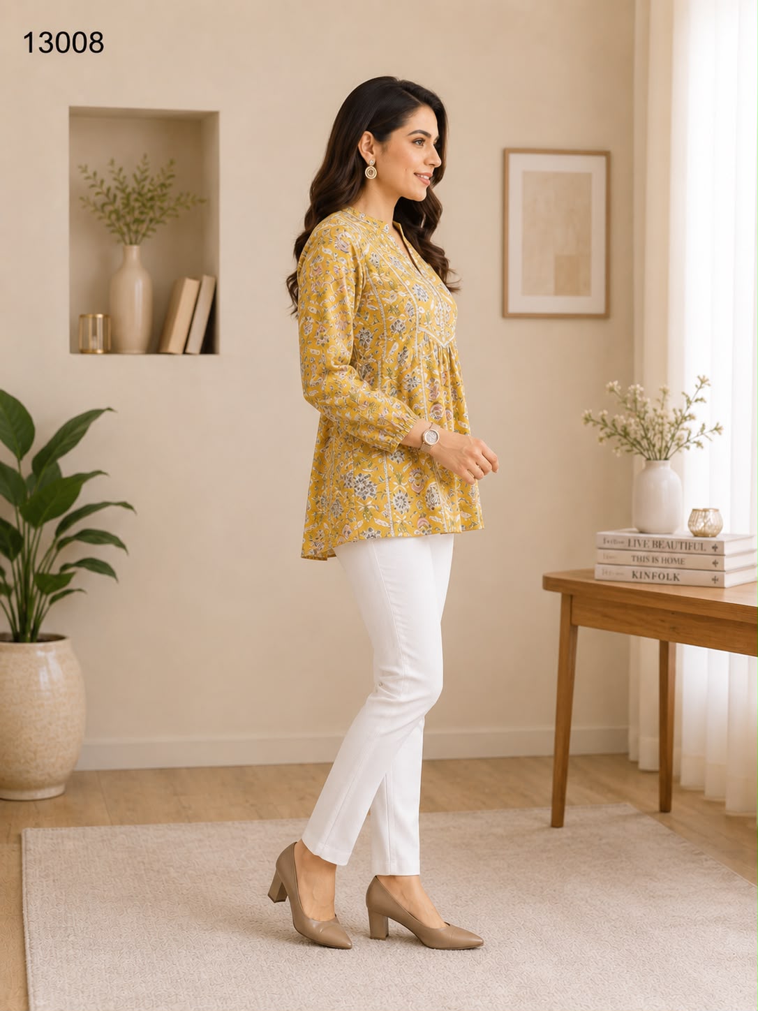 Women's Mustard Yellow Floral Printed Cotton Peplum Tunic Top