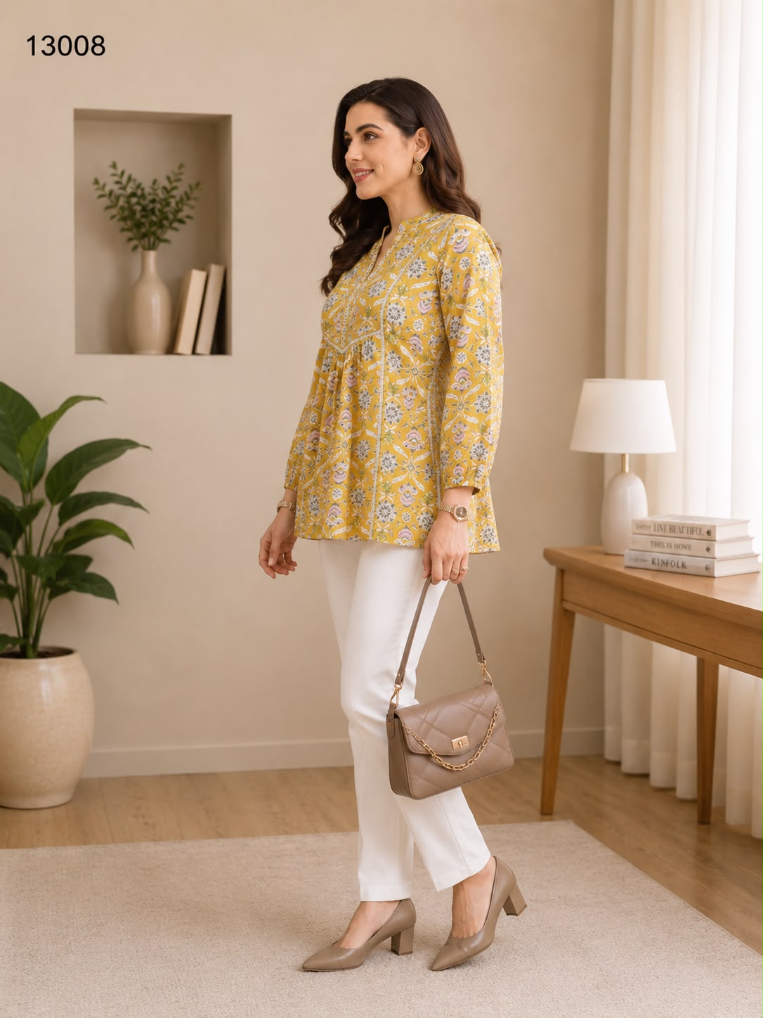 Women's Mustard Yellow Floral Printed Cotton Peplum Tunic Top