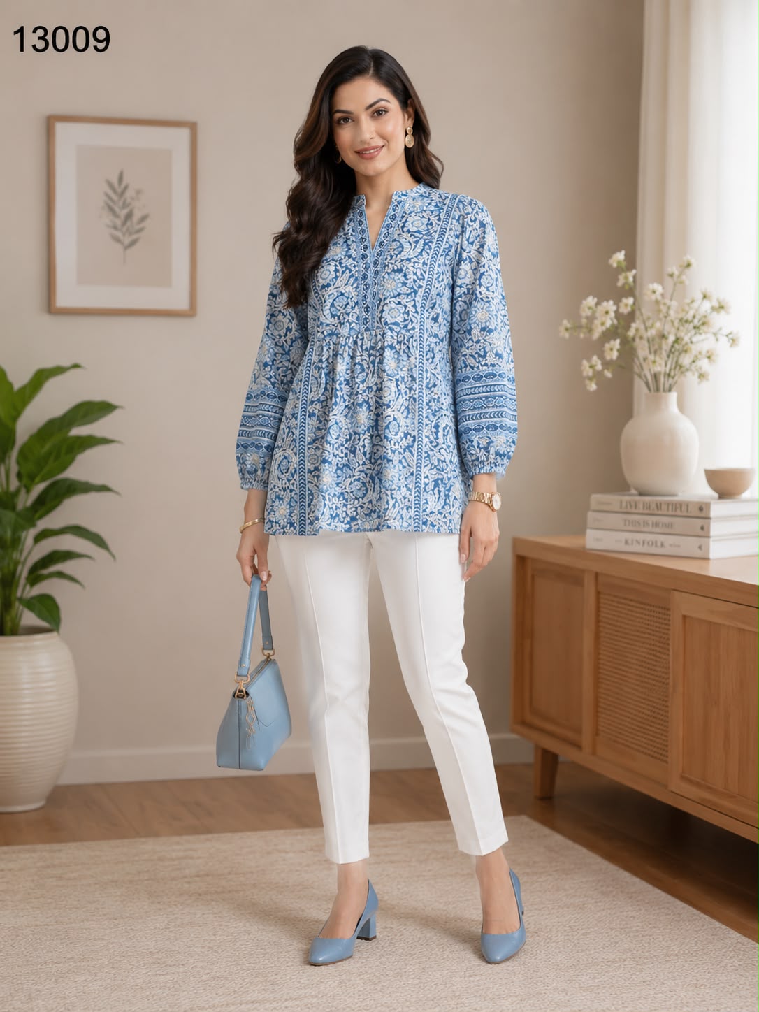 Women's Royal Blue Ethnic Print Peplum Tunic Top with White Pants