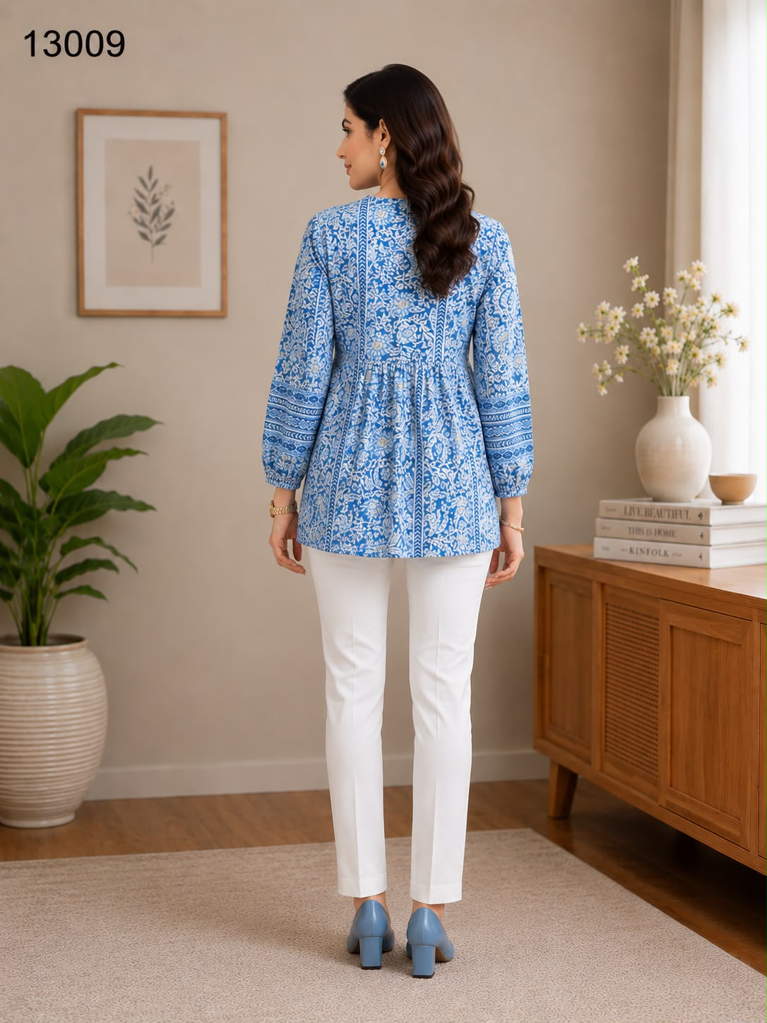 Women's Royal Blue Ethnic Print Peplum Tunic Top with White Pants