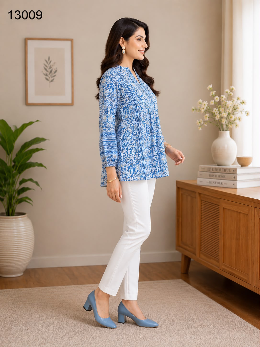 Women's Royal Blue Ethnic Print Peplum Tunic Top with White Pants