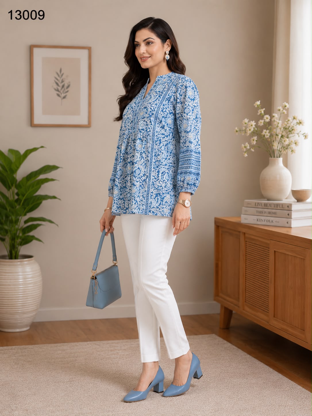 Women's Royal Blue Ethnic Print Peplum Tunic Top with White Pants