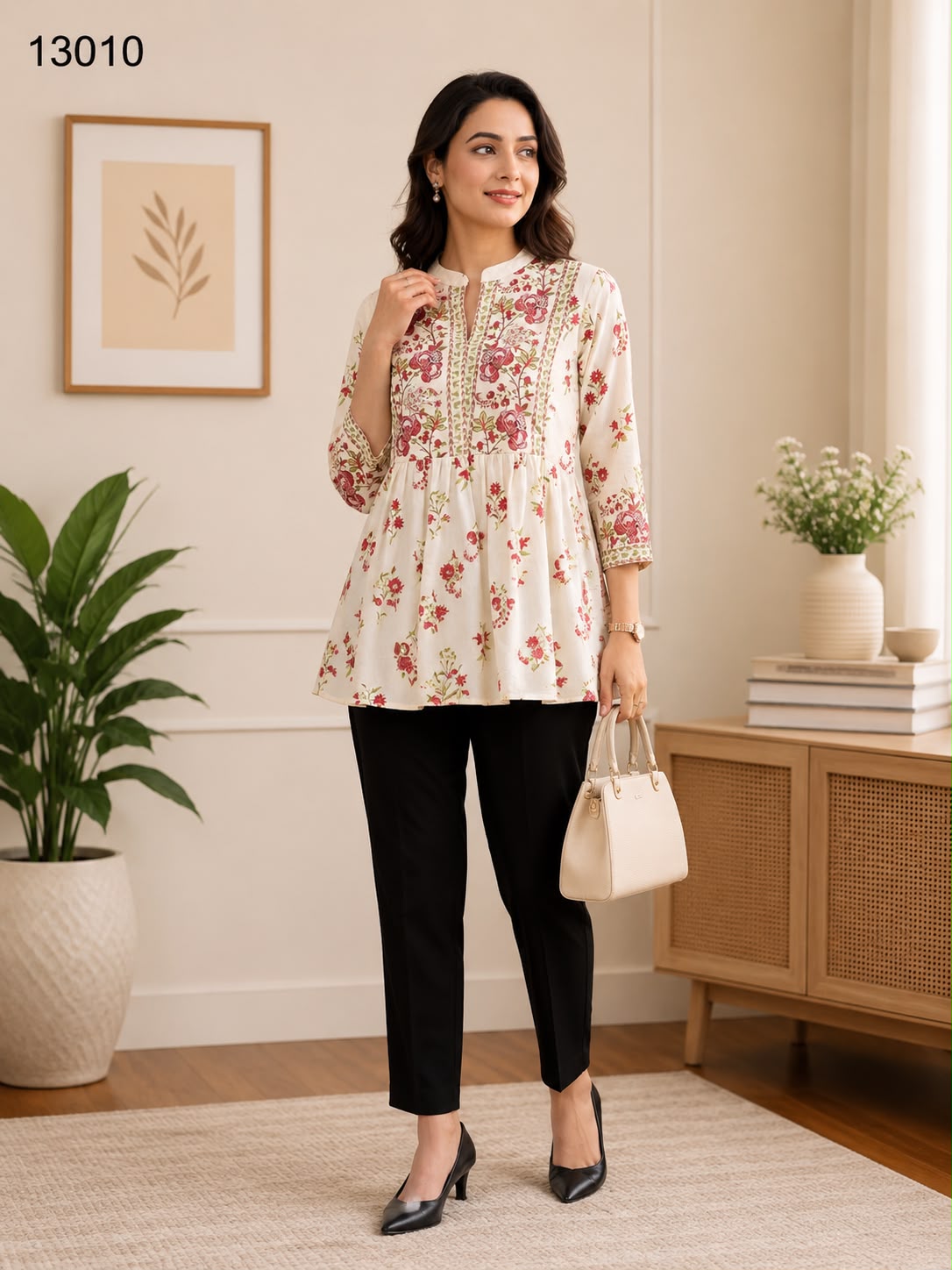 Women's Off-White Red Floral Embroidered Peplum Tunic with Black Pants