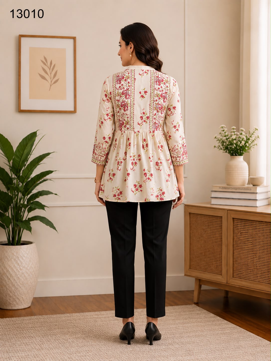 Women's Off-White Red Floral Embroidered Peplum Tunic with Black Pants