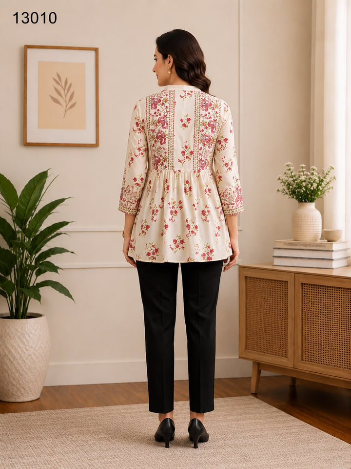 Women's Off-White Red Floral Embroidered Peplum Tunic with Black Pants