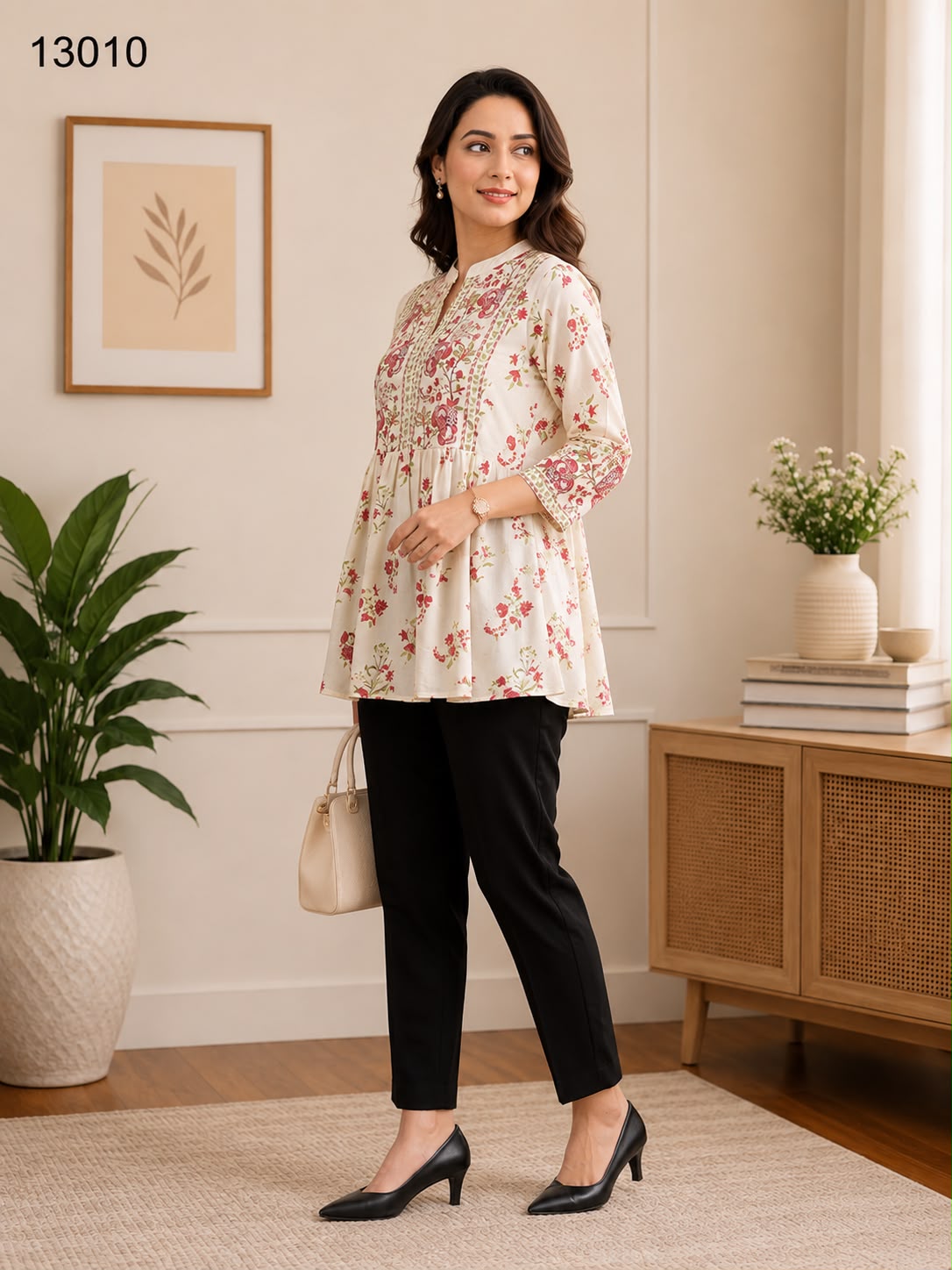 Women's Off-White Red Floral Embroidered Peplum Tunic with Black Pants