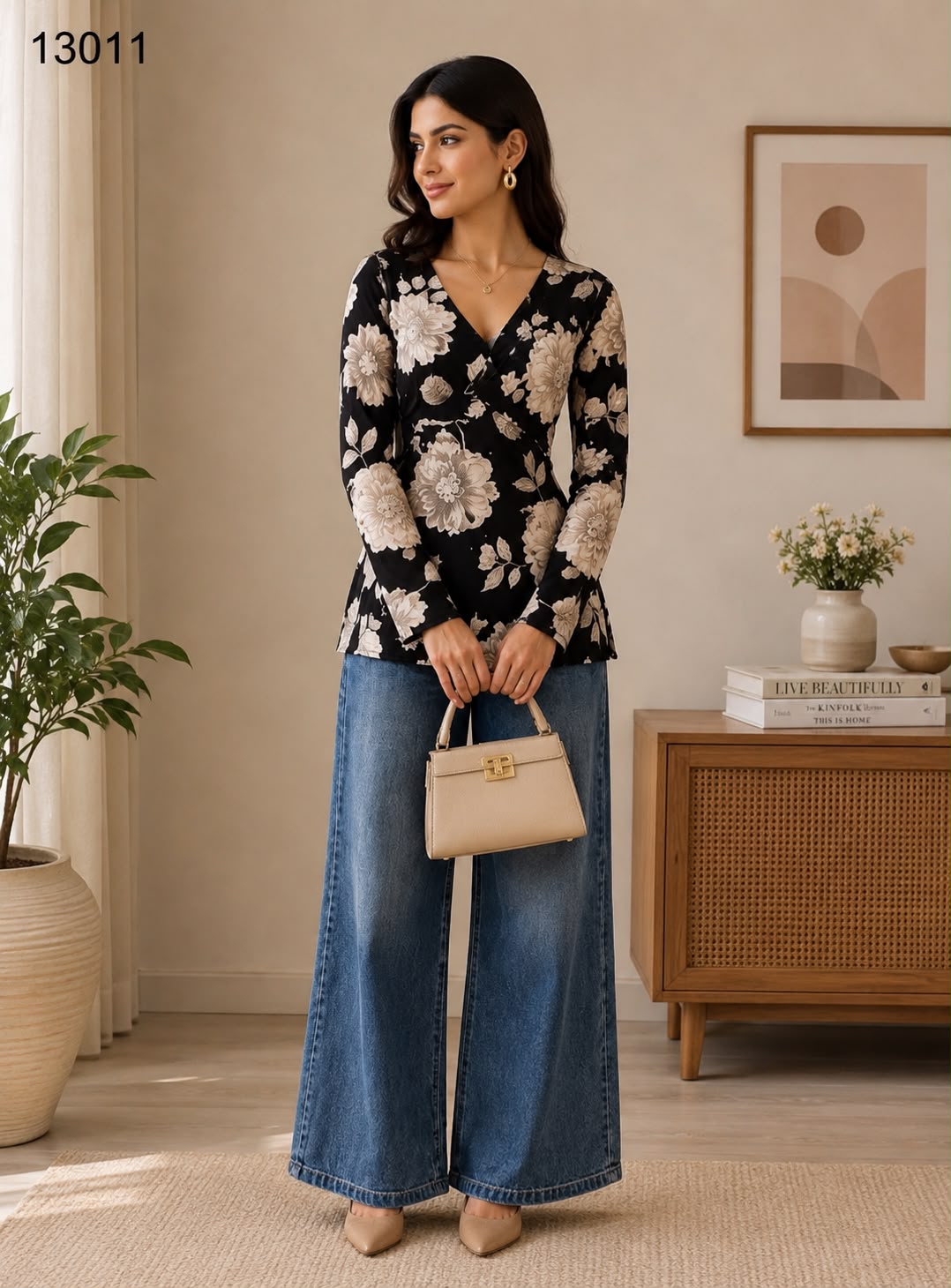 Women's Black Beige Bold Floral V-Neck Wrap Style Top with Wide Leg Jeans