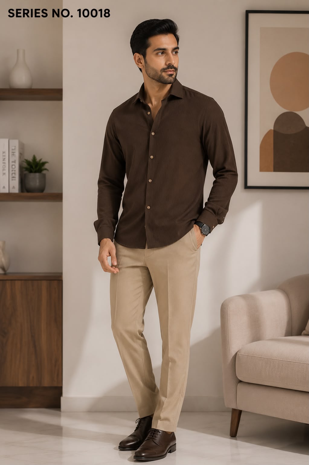YJ FASHION Men's Regular Fit Full Sleeve Solid Dark Brown Textured Shirt