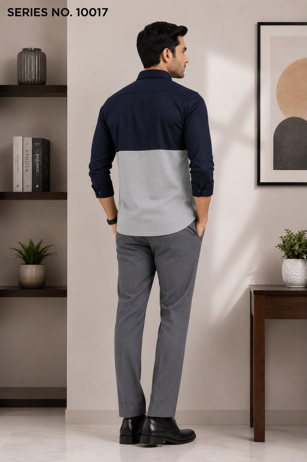 YJ FASHION Men's Slim Fit Full Sleeve Navy Grey Colourblock Casual Shirt