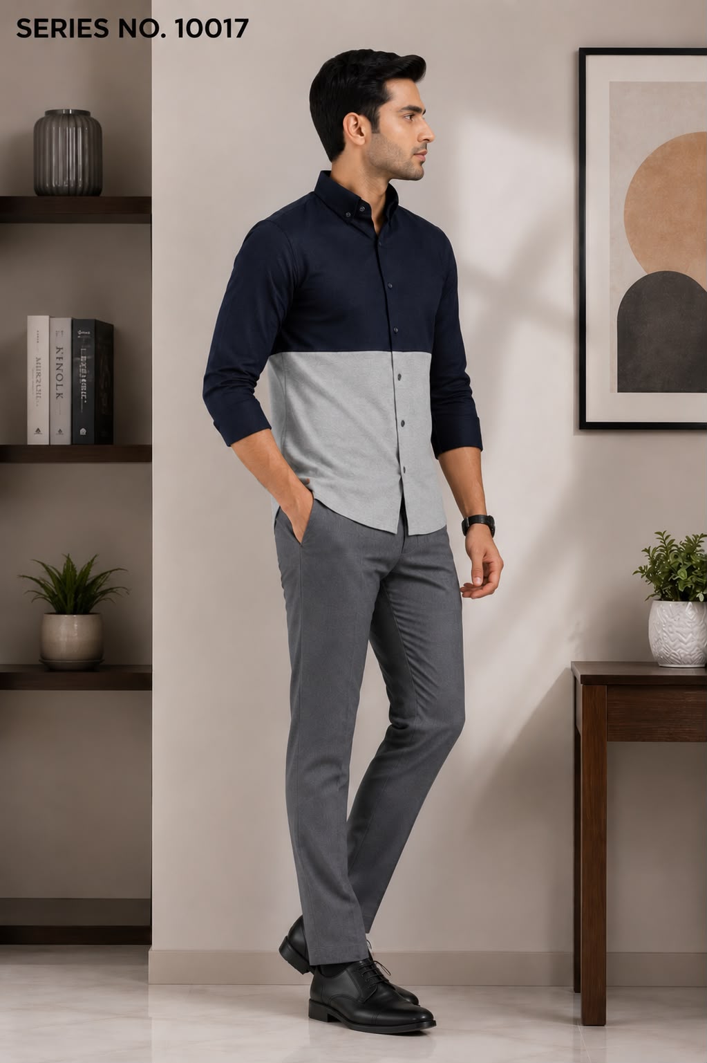 YJ FASHION Men's Slim Fit Full Sleeve Navy Grey Colourblock Casual Shirt