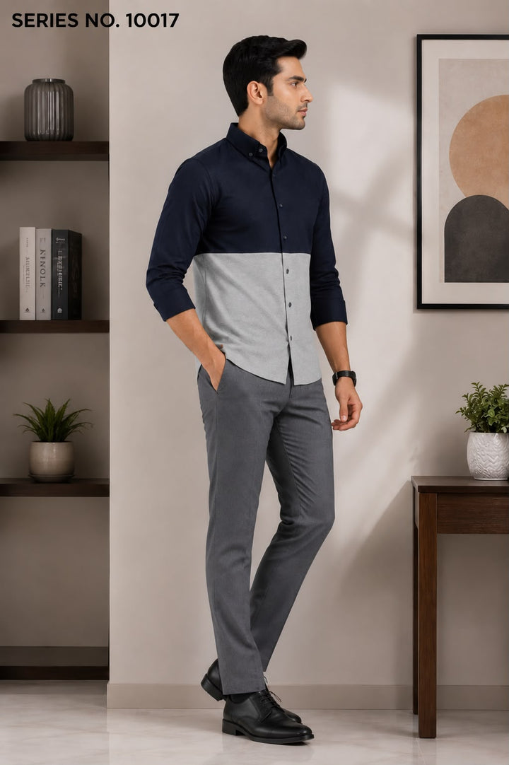 YJ FASHION Men's Slim Fit Full Sleeve Navy Grey Colourblock Casual Shirt