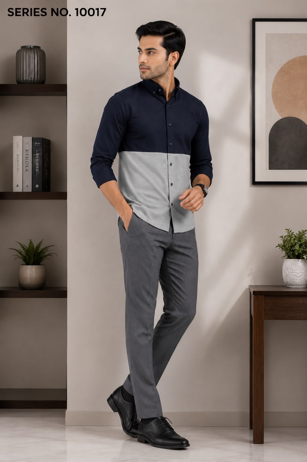 YJ FASHION Men's Slim Fit Full Sleeve Navy Grey Colourblock Casual Shirt