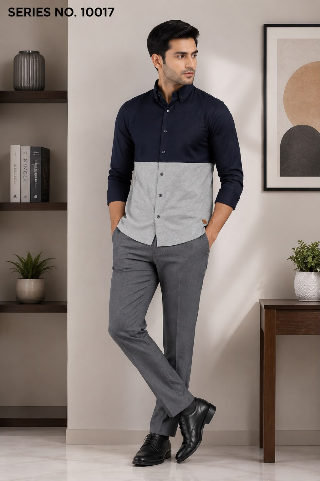YJ FASHION Men's Slim Fit Full Sleeve Navy Grey Colourblock Casual Shirt