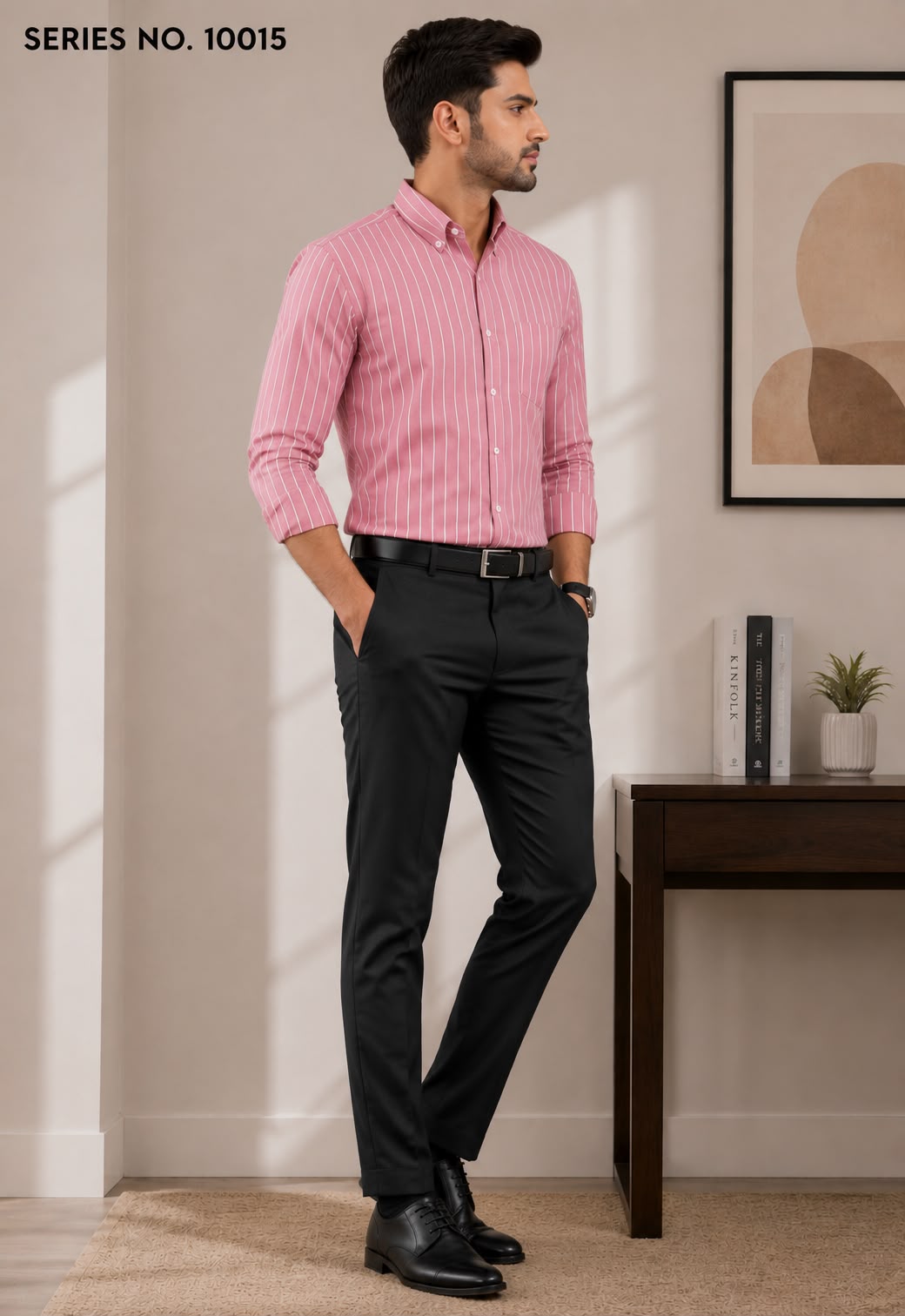 YJ FASHION Men's Slim Fit Full Sleeve Pink Striped Formal Shirt