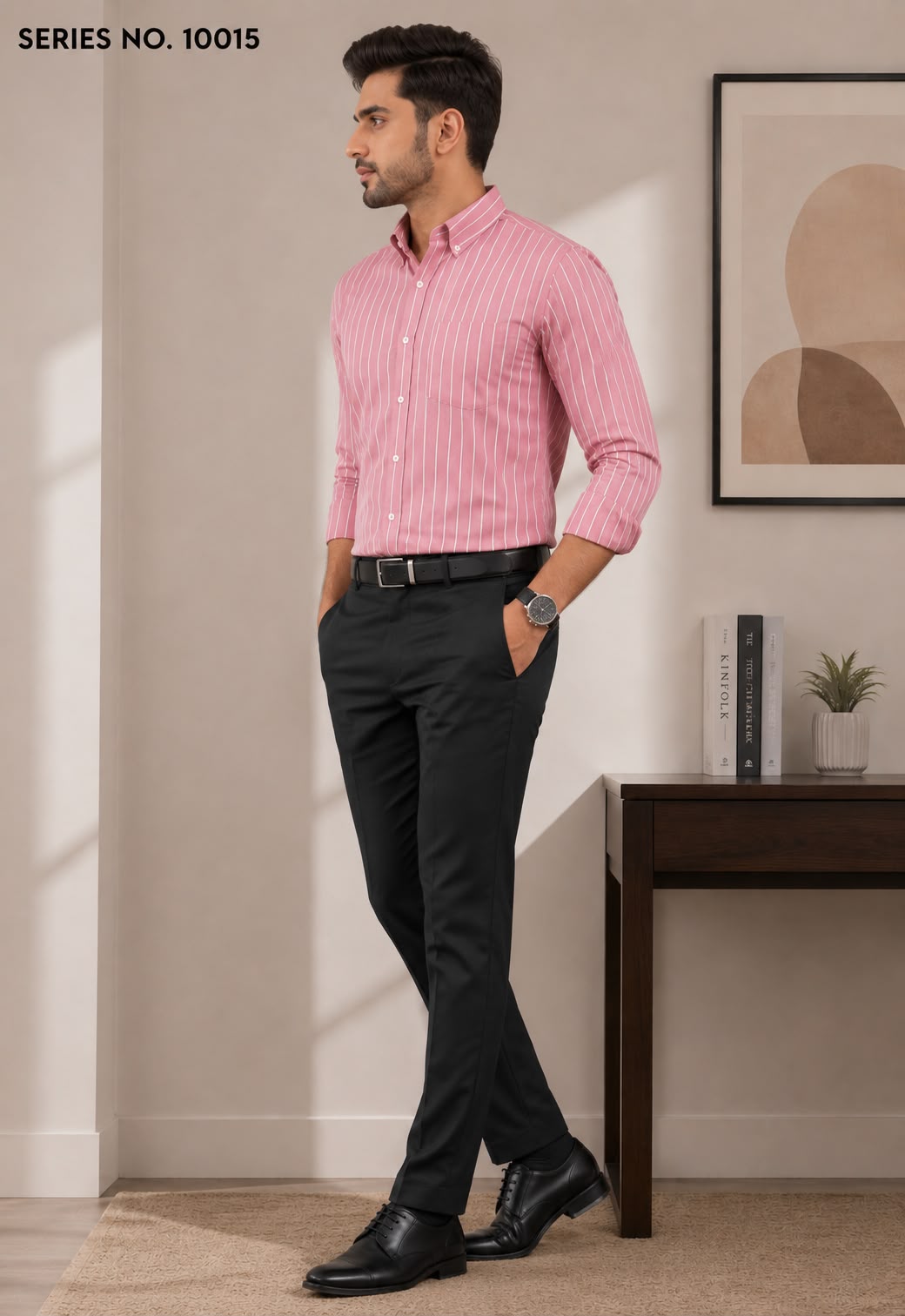 YJ FASHION Men's Slim Fit Full Sleeve Pink Striped Formal Shirt