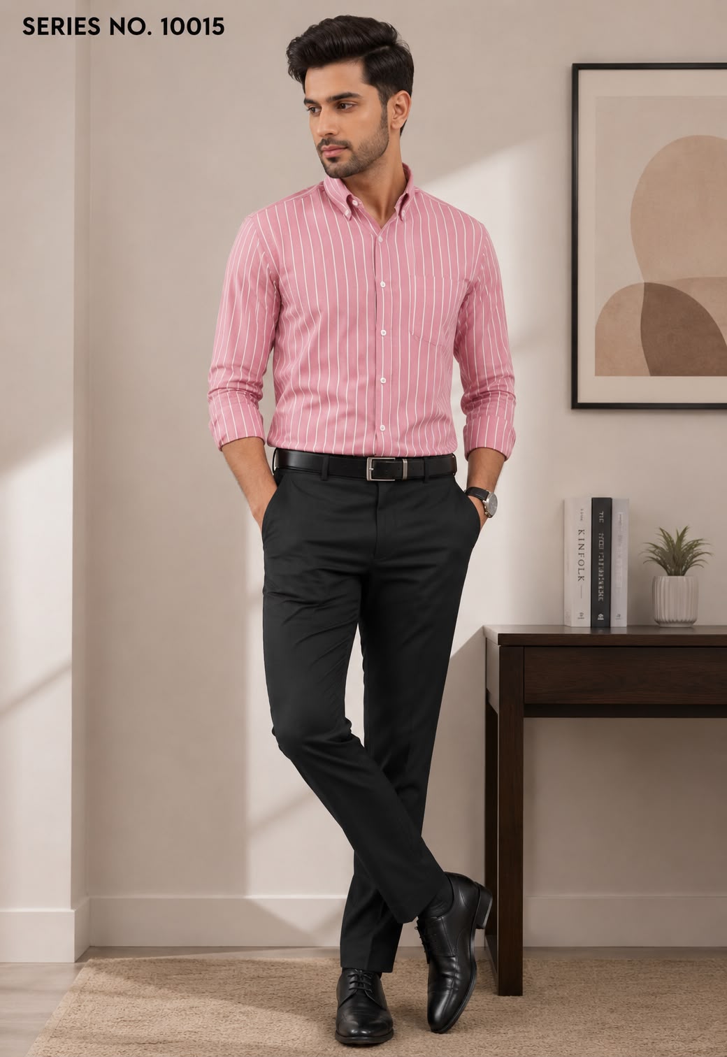 YJ FASHION Men's Slim Fit Full Sleeve Pink Striped Formal Shirt