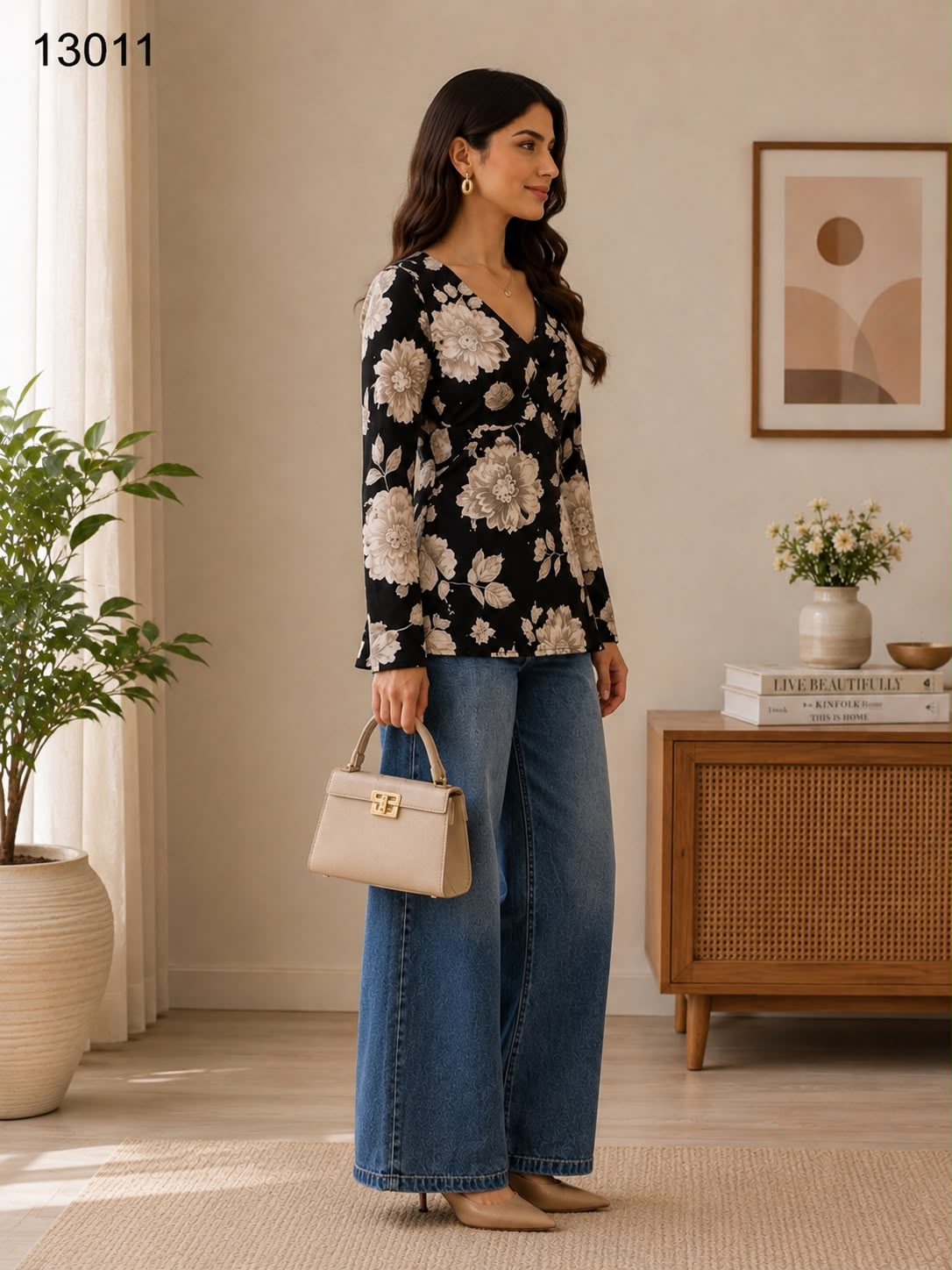 Women's Black Beige Bold Floral V-Neck Wrap Style Top with Wide Leg Jeans
