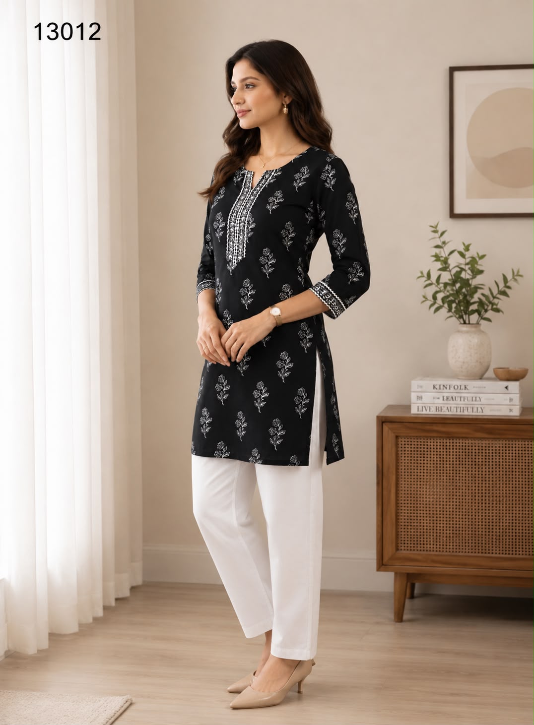 Women's Black Floral Block Print Straight Kurta with Embroidered Yoke