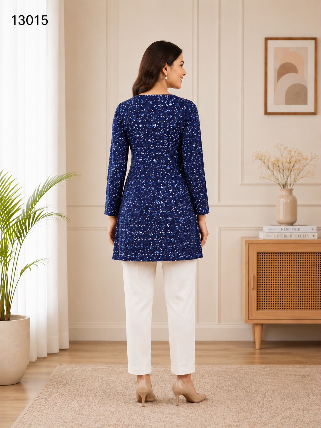 Women's Navy Blue Ditsy Floral Print Square Neck Tunic Top