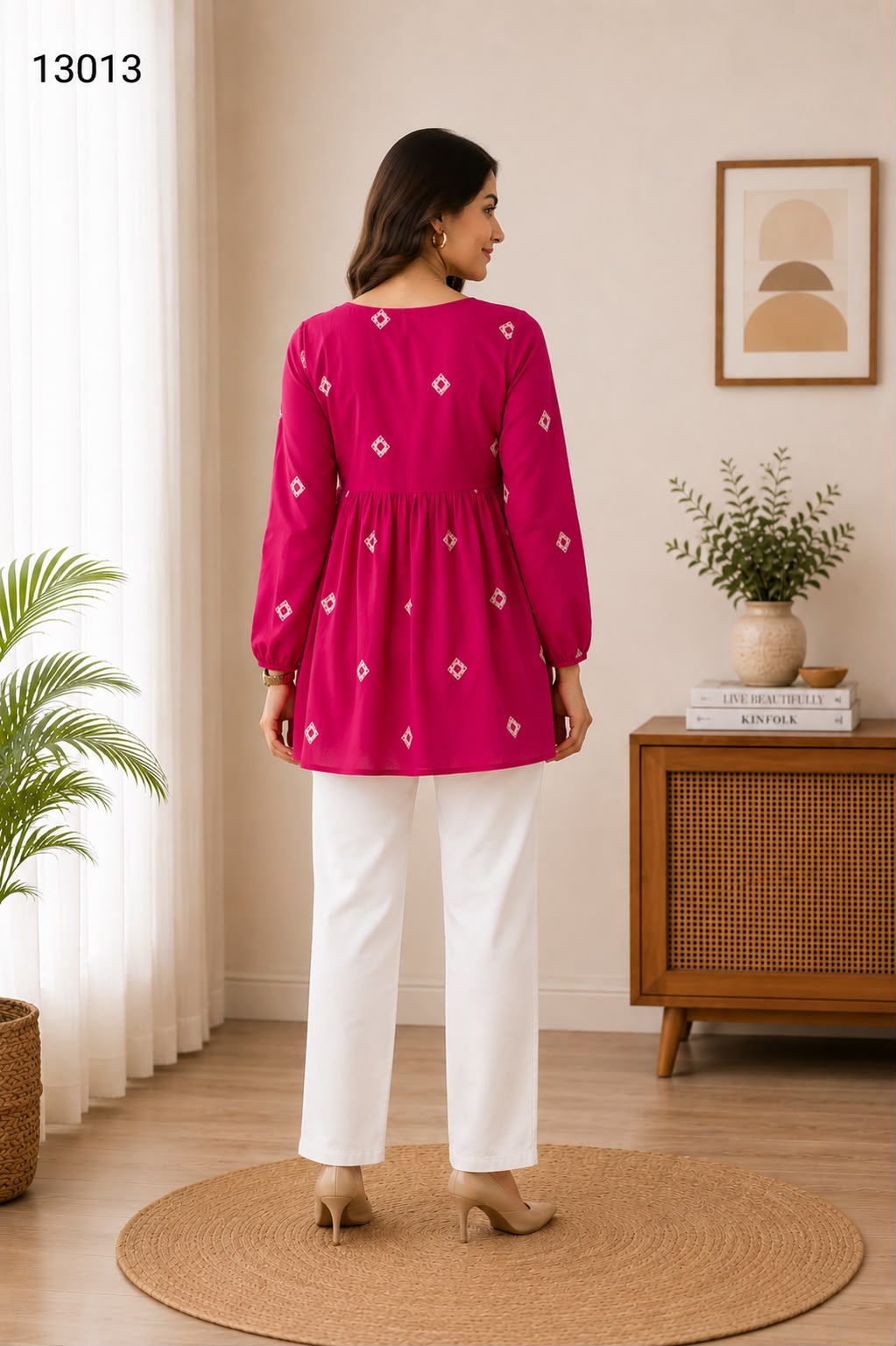 Women's Fuchsia Pink Embroidered Square Neck Peplum Top with Full Sleeves
