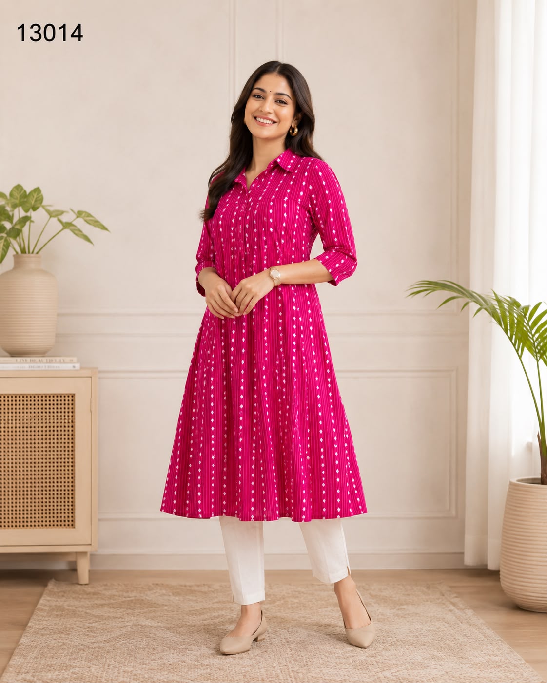 Women's Rani Pink Polka Dot Printed Shirt Collar A-Line Kurta