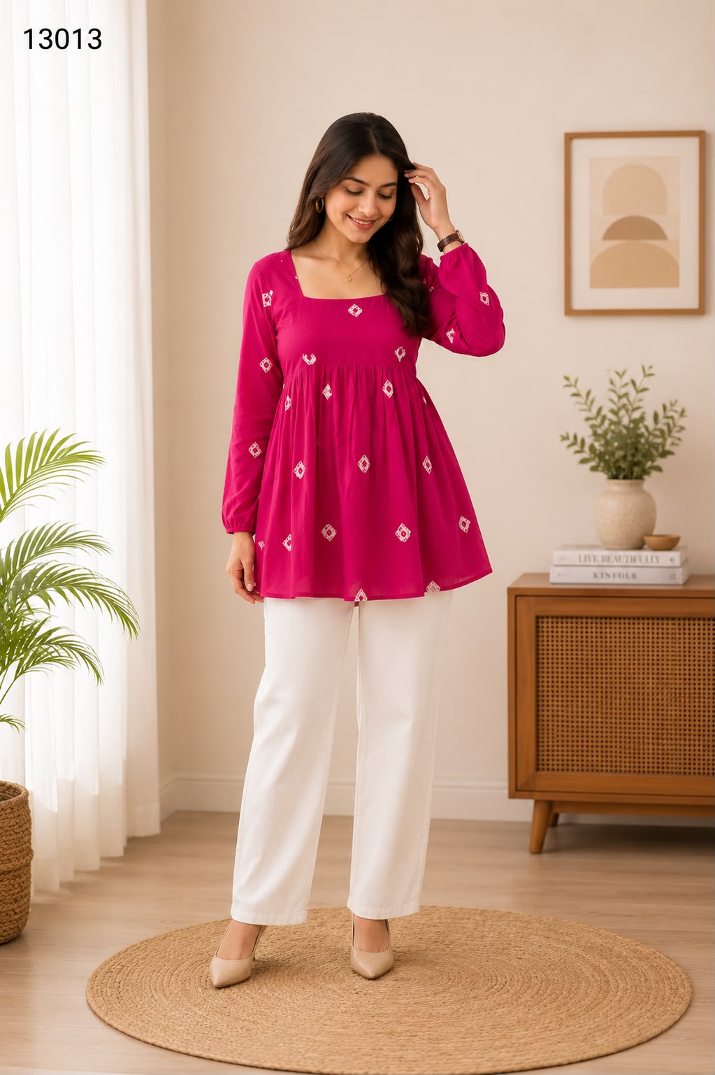 Women's Fuchsia Pink Embroidered Square Neck Peplum Top with Full Sleeves