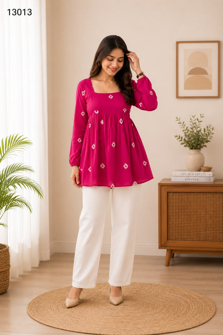 Women's Fuchsia Pink Embroidered Square Neck Peplum Top with Full Sleeves