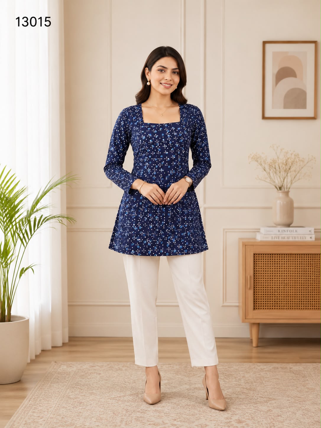 Women's Navy Blue Ditsy Floral Print Square Neck Tunic Top