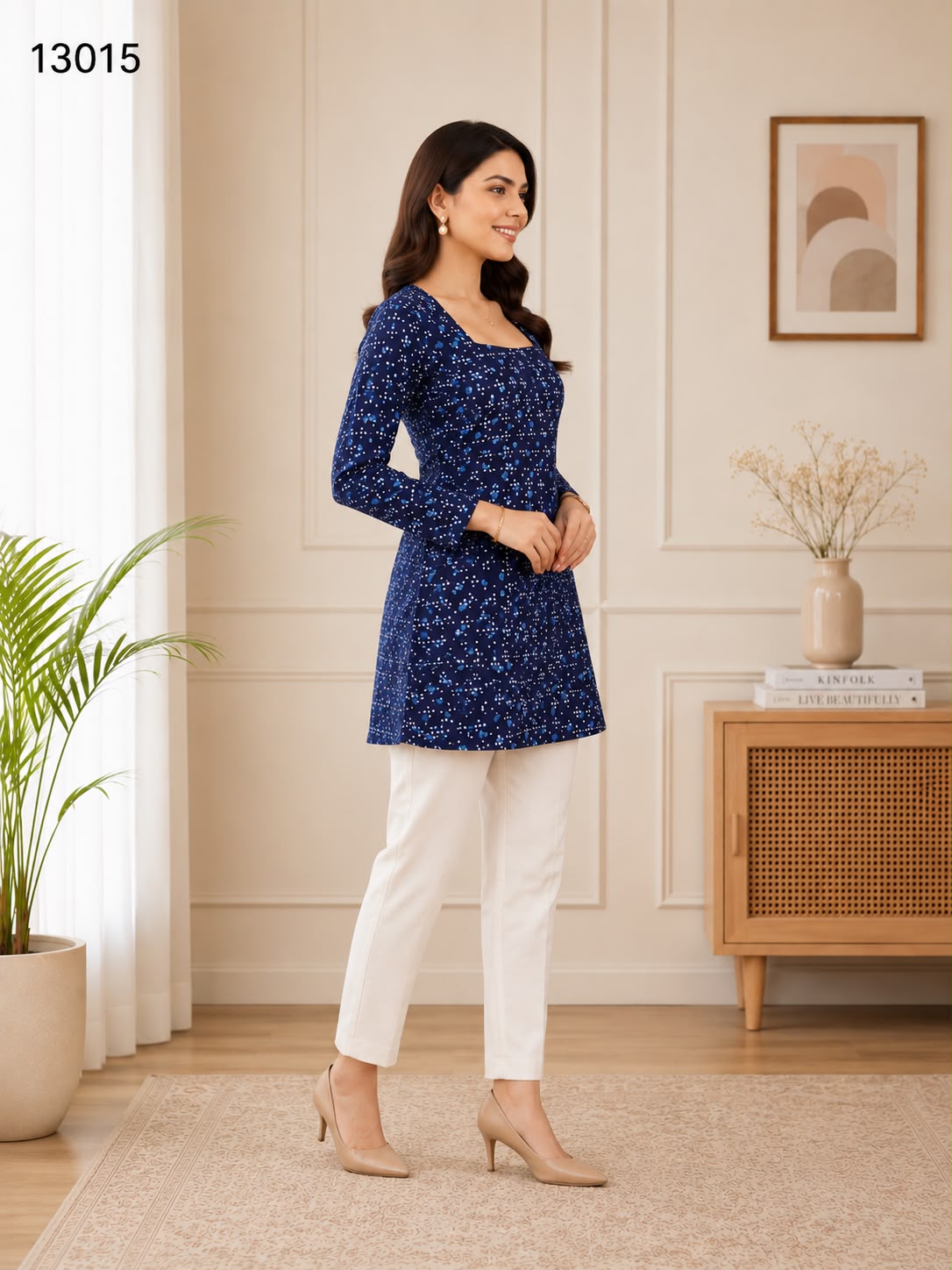 Women's Navy Blue Ditsy Floral Print Square Neck Tunic Top