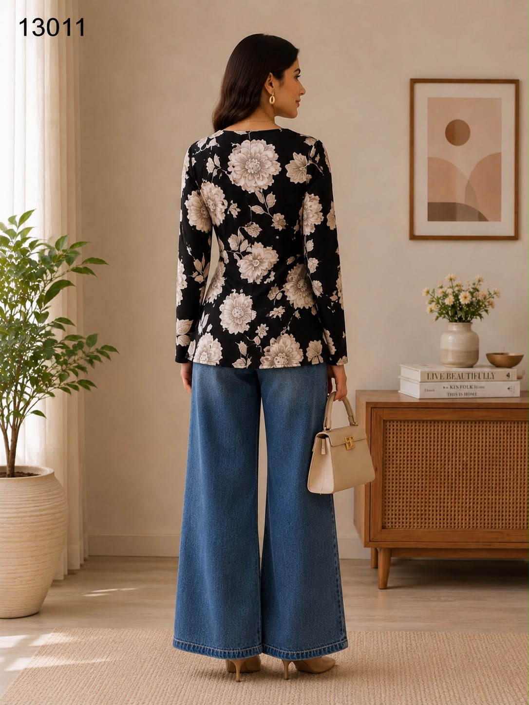 Women's Black Beige Bold Floral V-Neck Wrap Style Top with Wide Leg Jeans